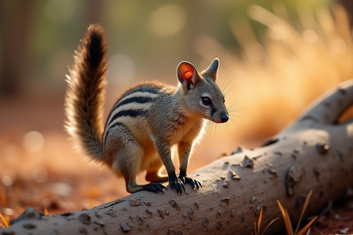 Numbat marsupial rayé perché sur un tronc d'eucalyptus en Australie, exemple d'animal commençant par la lettre N