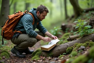 Homme en randonnée examinant des déjections dans la forêt