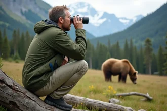 Observateur de faune avec jumelles dans un paysage alpin