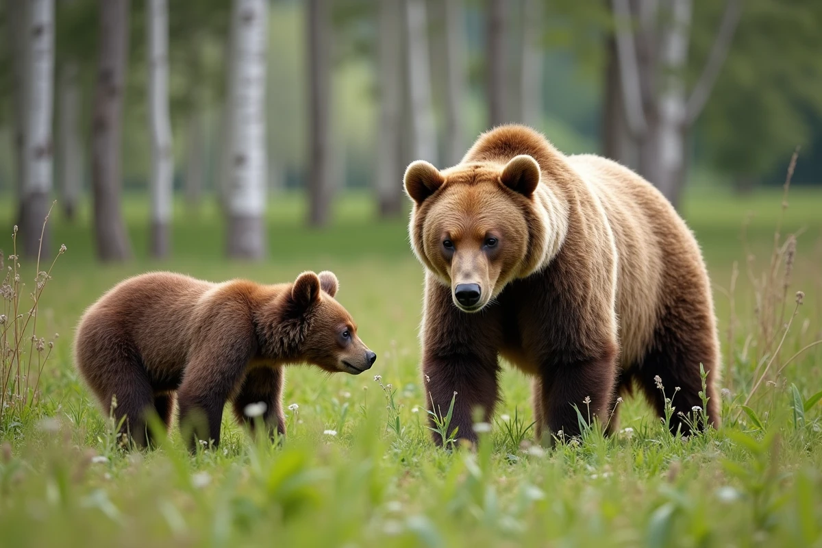 Ourse brune et son ourson dans la forêt de bouleaux
