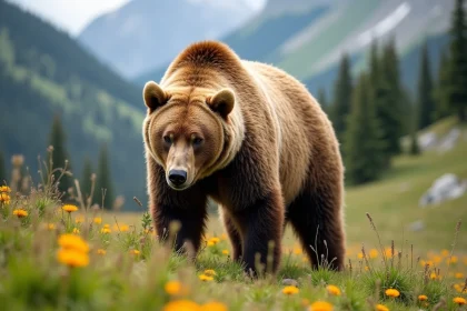Mâle grizzly en alpage fleuri avec paysage de montagne