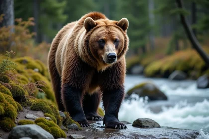 Ours grizzly sur la rive d'une rivière en forêt