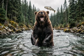 Ours kodiak adulte debout dans une rivière de l'île de Kodiak, tentant d'attraper un saumon bondissant hors de l'eau