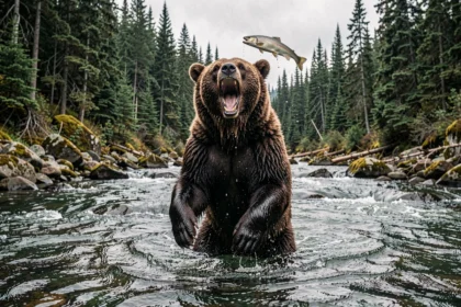 Ours kodiak adulte debout dans une rivière de l'île de Kodiak, tentant d'attraper un saumon bondissant hors de l'eau