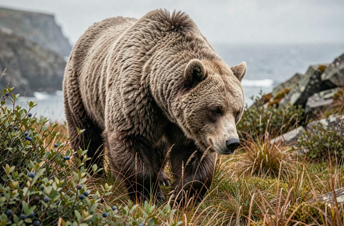 Ours kodiak en train de traquer ses proies dans la végétation côtière dense de l'île de Kodiak en Alaska
