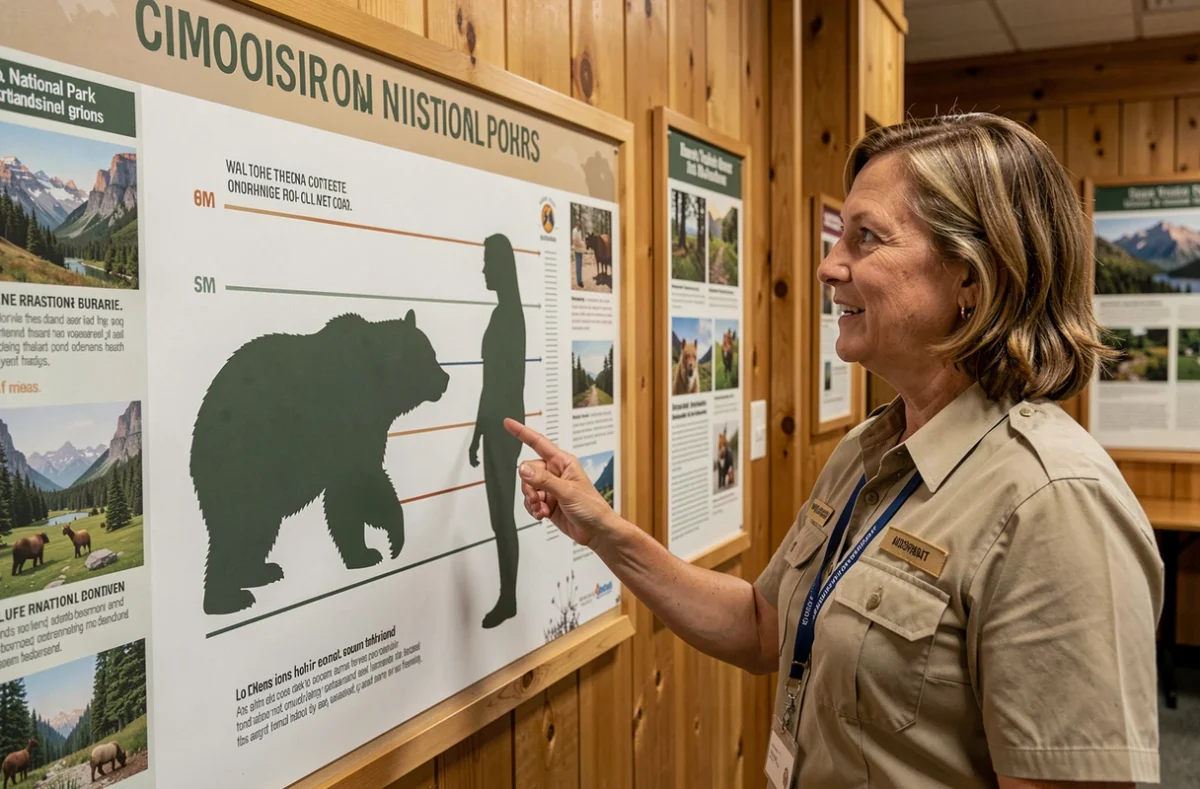 Éducatrice en parc national présentant un panneau comparatif de taille entre le grizzly et l'être humain