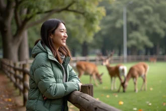 Jeune femme souriante observant des cerfs dans un parc animalier près de Strasbourg en automne