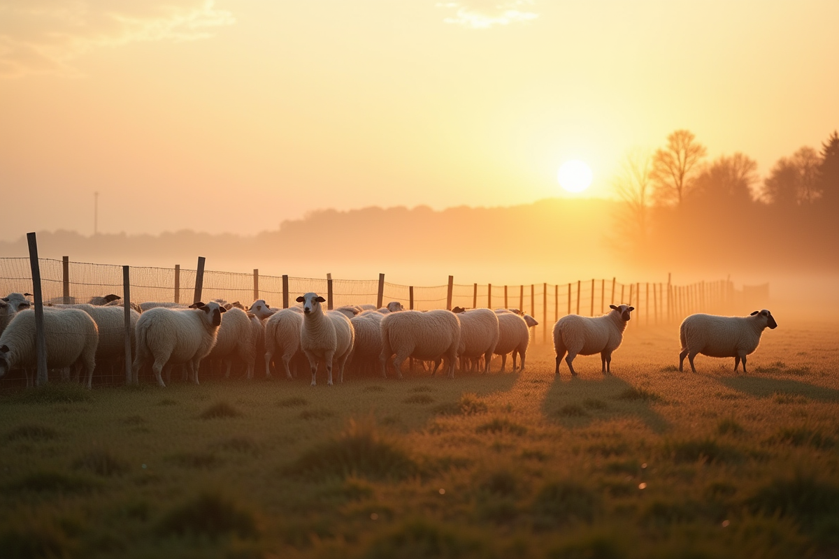 Paysage rural au lever du soleil avec moutons et chien de garde