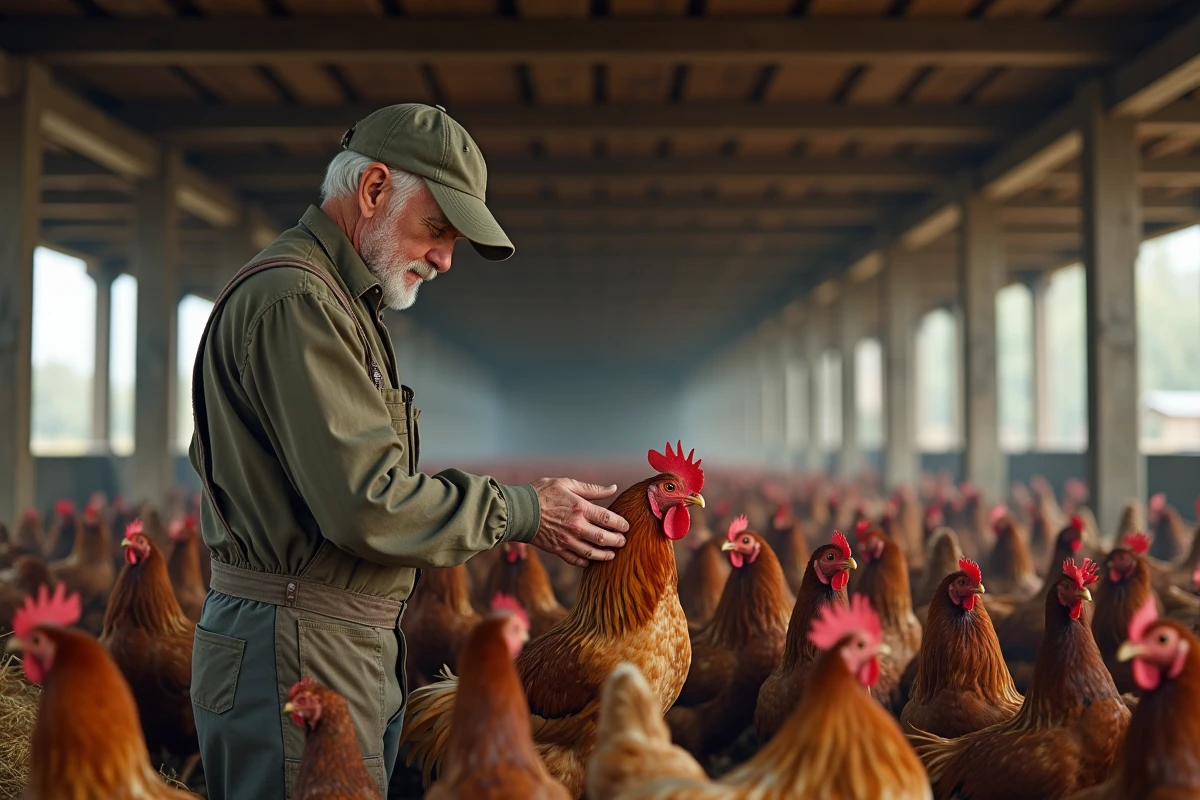 Agriculteur séparant un coq dans la ferme
