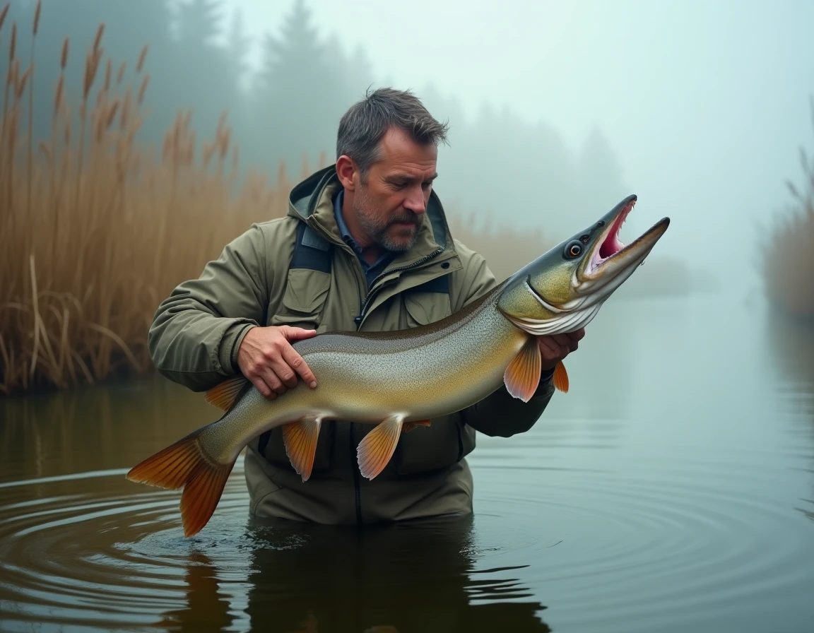 Pêcheur tenant un brochet par la bouche ouverte pour inspecter les dents avant de décrocher un triple
