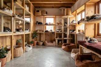Intérieur chaleureux d'une pension pour chats dans le Rhône avec plusieurs félins se reposant sur des étagères rembourrées et des arbres à chat
