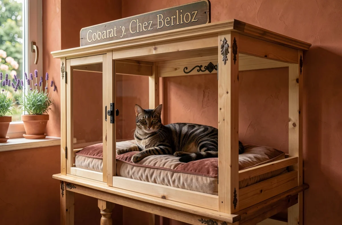 Un chat tabby se prélasse dans un espace douillet de la pension Chez Berlioz, avec une décoration française vintage et des coussins en velours