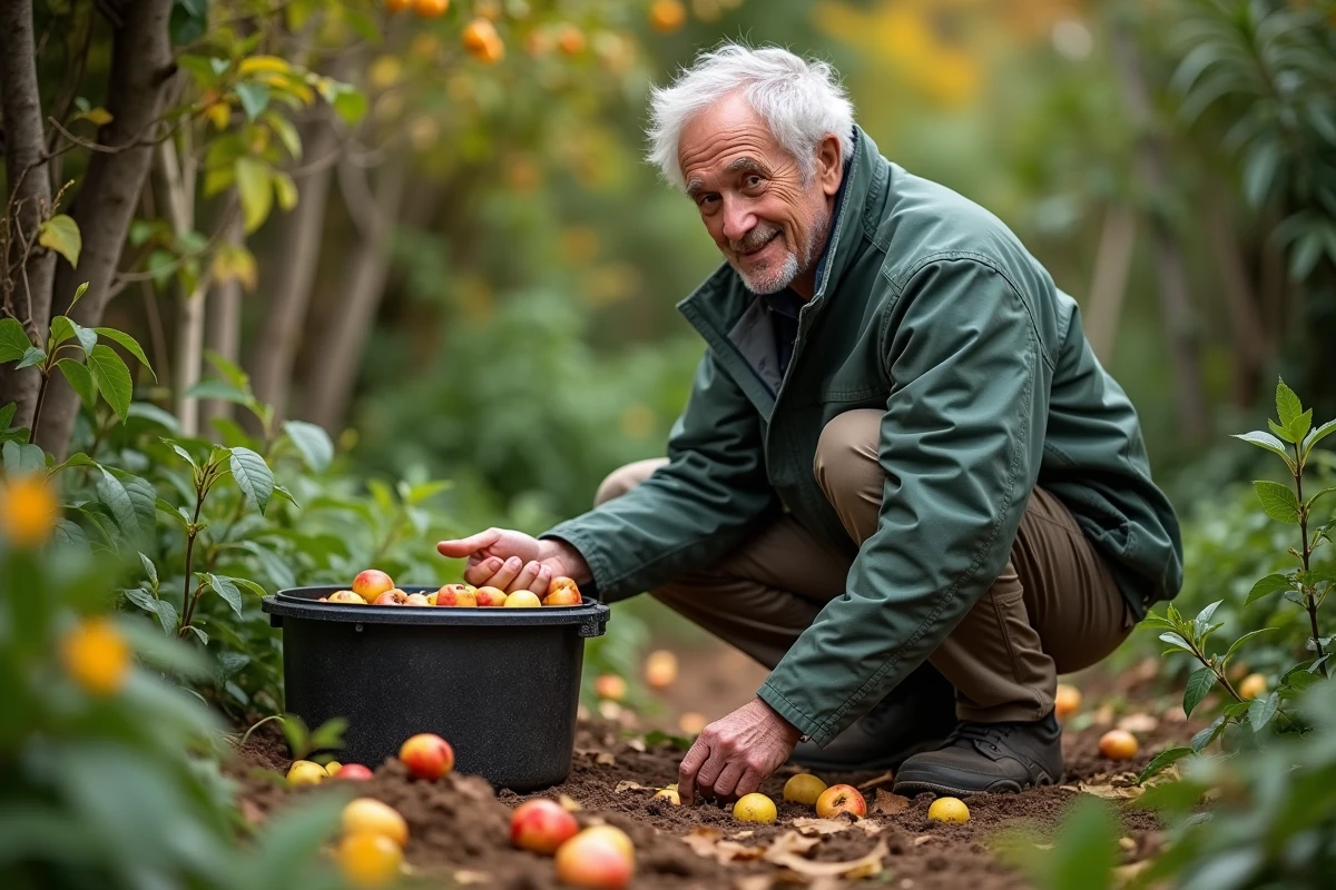 Personne en extérieur déposant des déchets dans un composteur