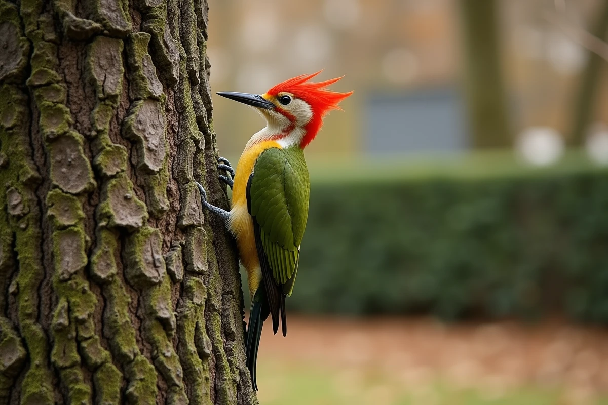 Pic vert à tête rouge cherchant des insectes sur l'écorce d'un chêne dans un jardin résidentiel