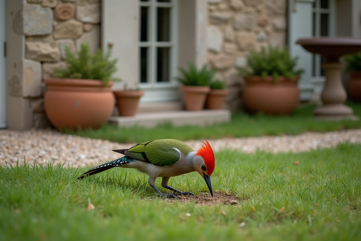 Pic vert à tête rouge cherchant des fourmis sur la pelouse devant une maison en pierre