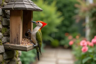 Pic vert à tête rouge perché sur une mangeoire en bois dans un jardin de maison