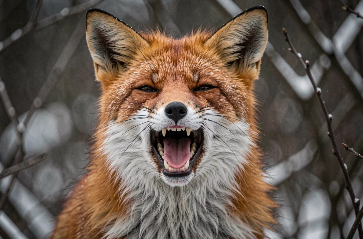 Portrait rapproché d'un renard en train de vocaliser, expression du museau évoquant de façon troublante un cri humain