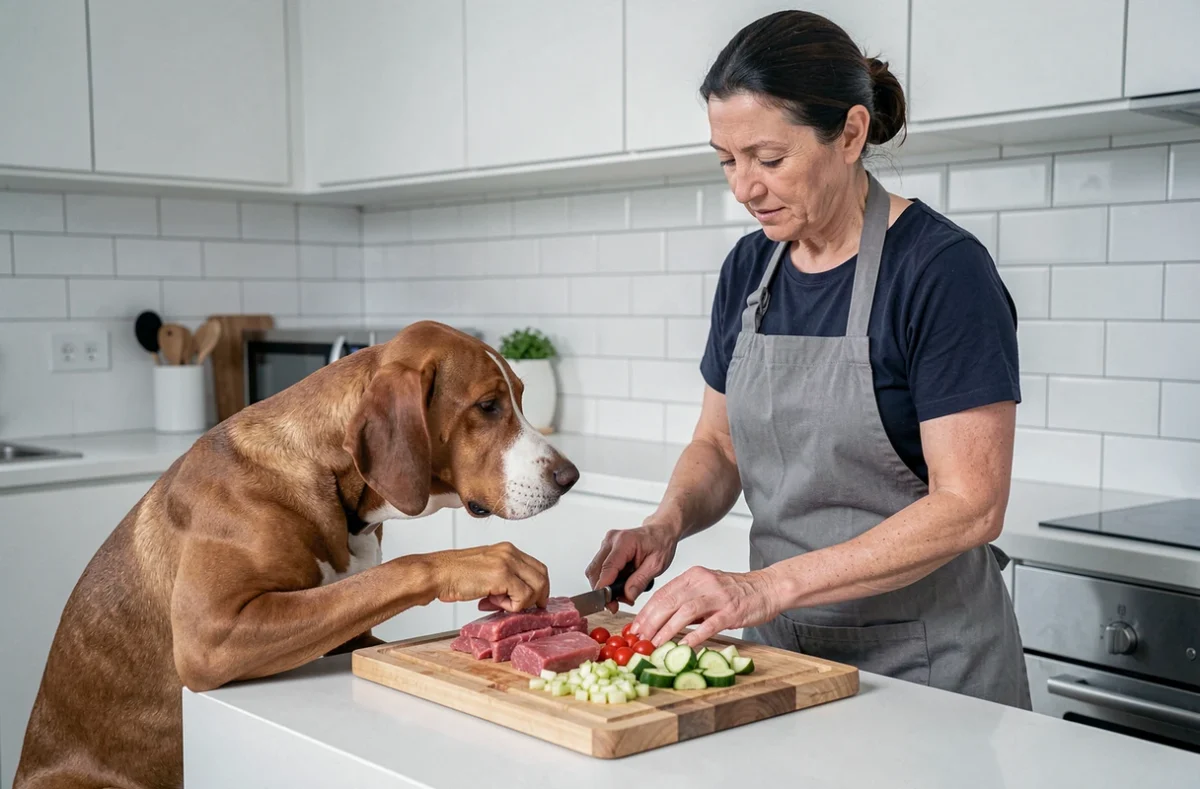 Femme préparant un repas BARF avec viande crue et légumes pour un Red Coonhound
