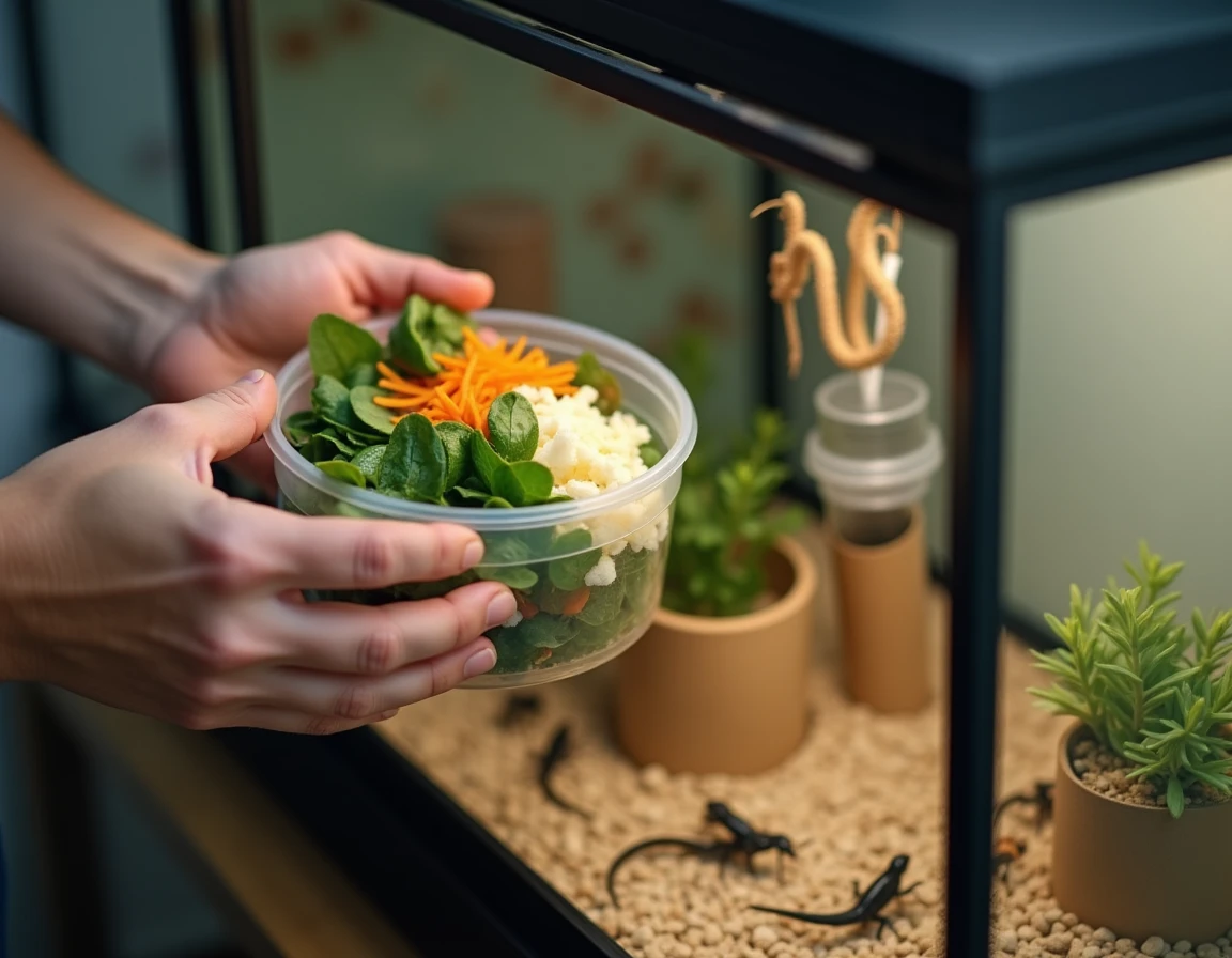 Mains d'une personne préparant un repas de légumes frais pour des grillons dans un terrarium domestique