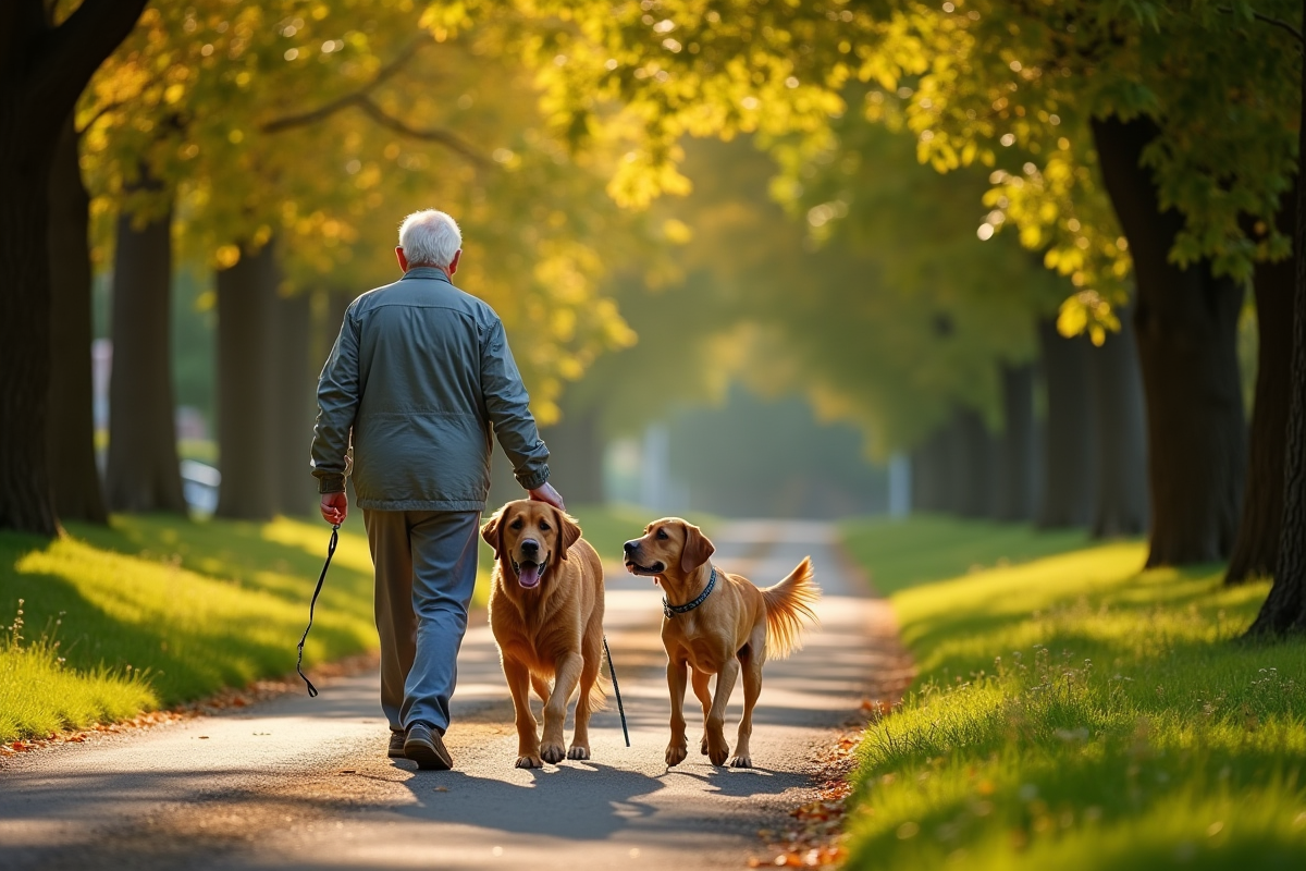 Personne âgée marchant avec deux retrievers sous les arbres