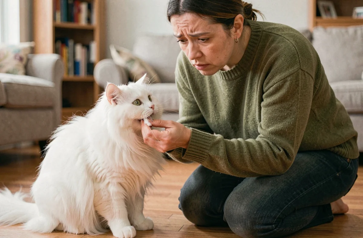 Femme inquiète examinant son chat persan blanc qui a vomi de la mousse sur le parquet du salon