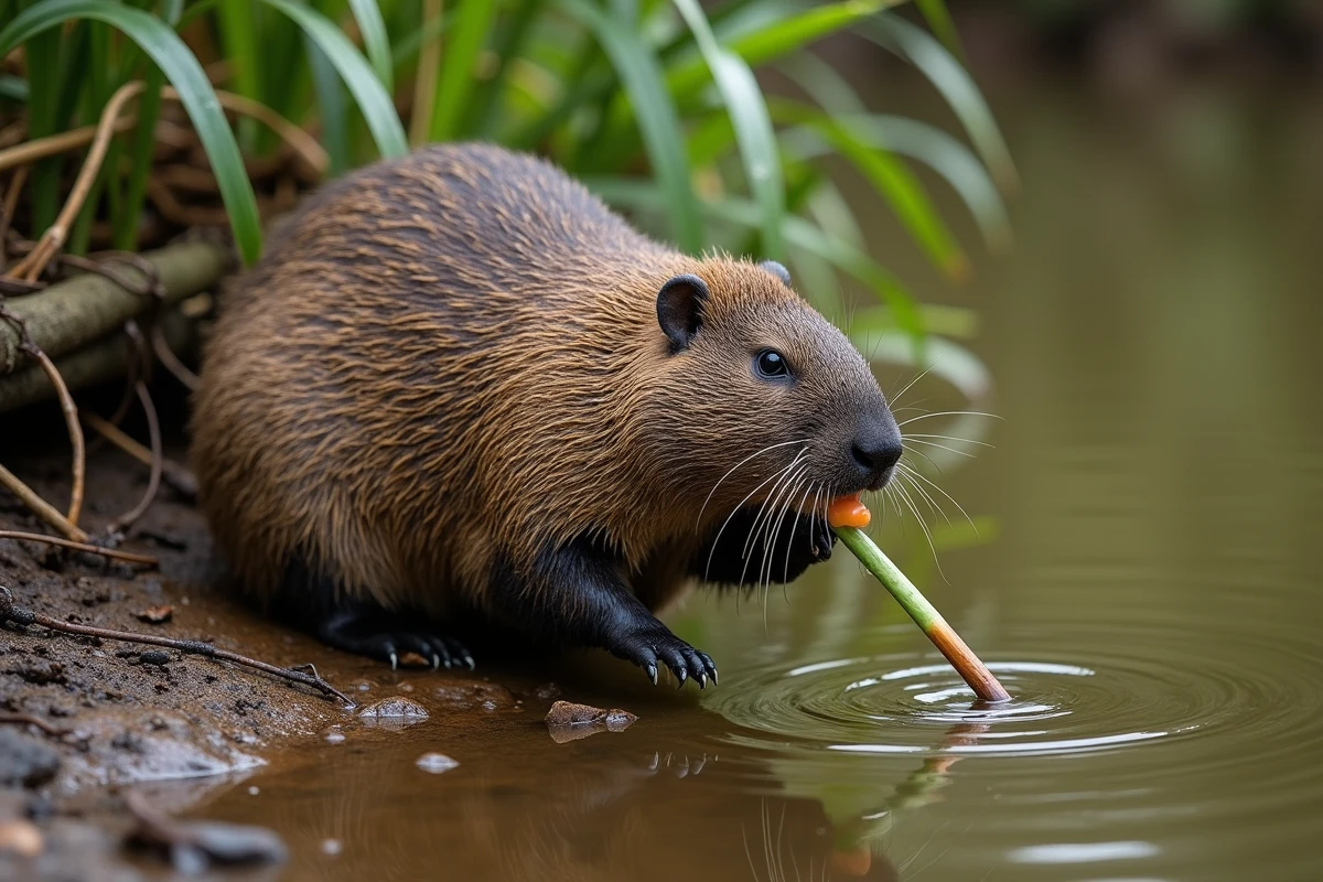 Ragondin sur une berge de rivière européenne en train de mâcher un roseau, animal en N dans son habitat naturel
