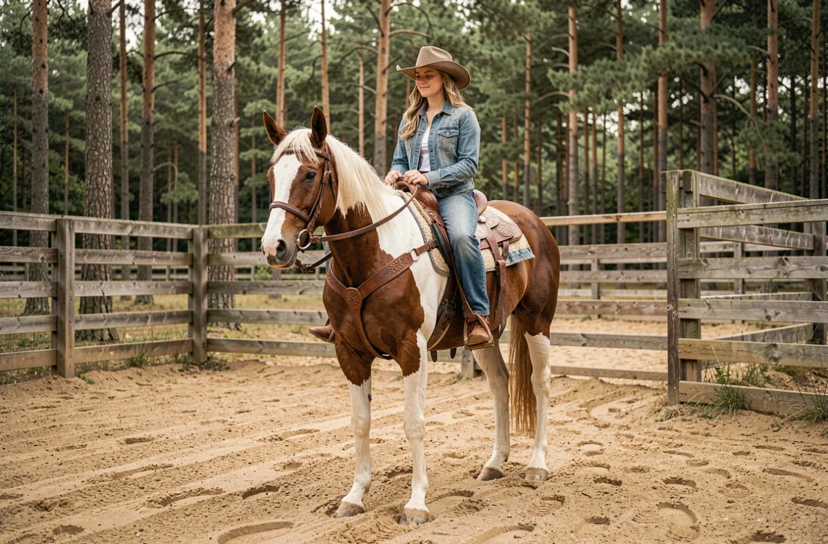 Instructeur en tenue western guidant une cavalière sur un cheval pie dans l'arène du Ranch Tashunka, entouré de pins landais
