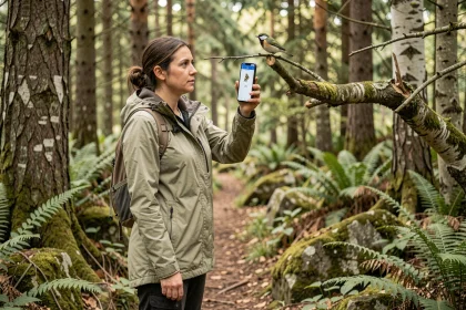 Randonneuse utilisant une application de reconnaissance d'oiseaux sur smartphone en forêt