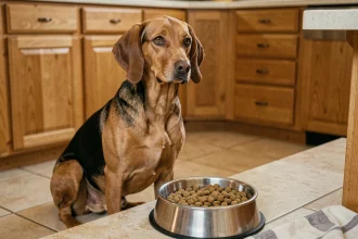 Red Coonhound adulte assis devant une gamelle de croquettes dans une cuisine familiale