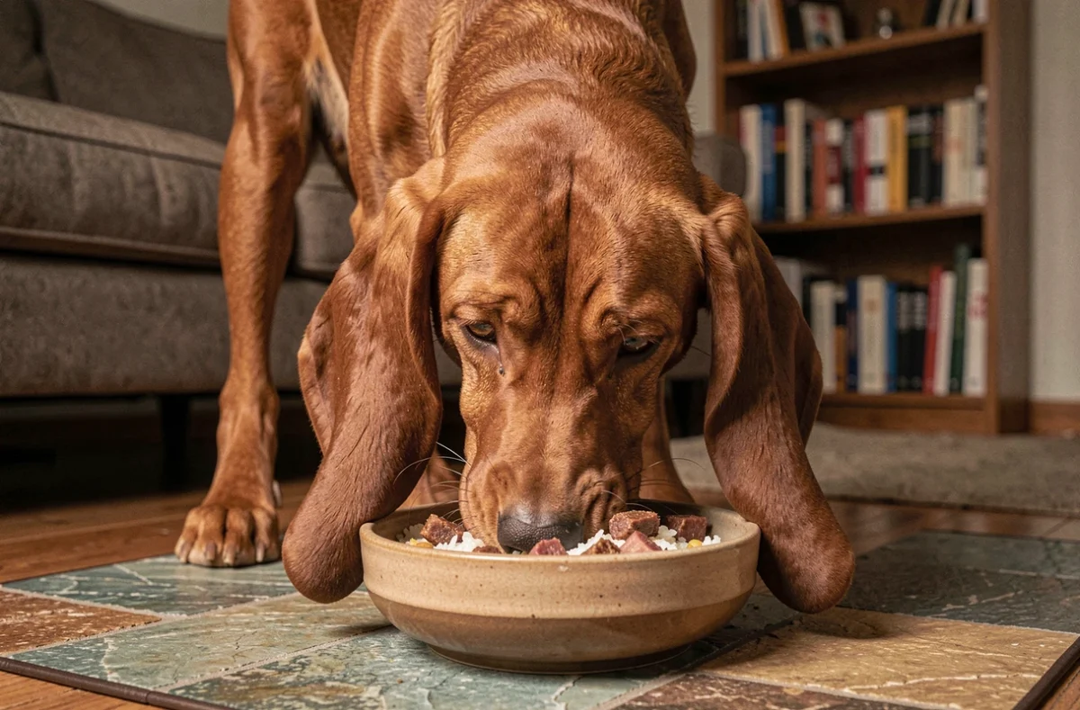 Red Coonhound mangeant une ration ménagère maison dans un salon confortable