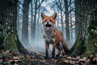 Renard roux en train de crier dans une forêt brumeuse au crépuscule, gueule ouverte dans une expression évoquant un cri humain