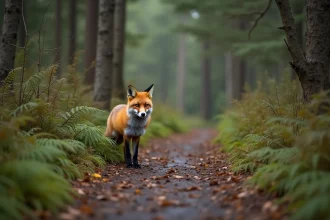 Renard roux en lisière de forêt française, entouré de fougères et de feuilles mortes, illustrant la présence du renard en milieu naturel