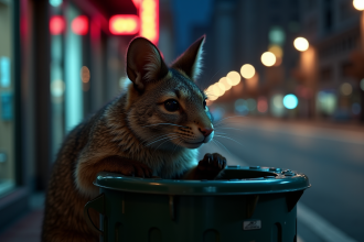 Renard urbain malin ouvre une poubelle la nuit avec lumières de la ville