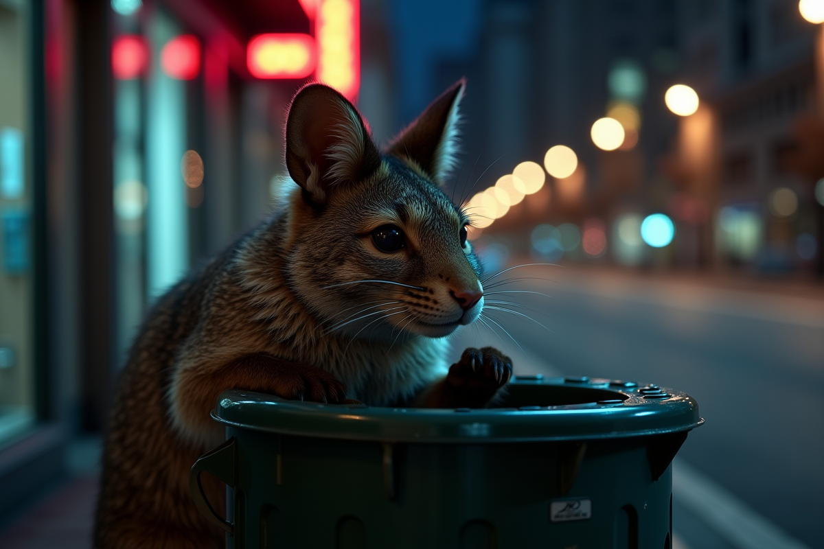 Renard urbain malin ouvre une poubelle la nuit avec lumières de la ville