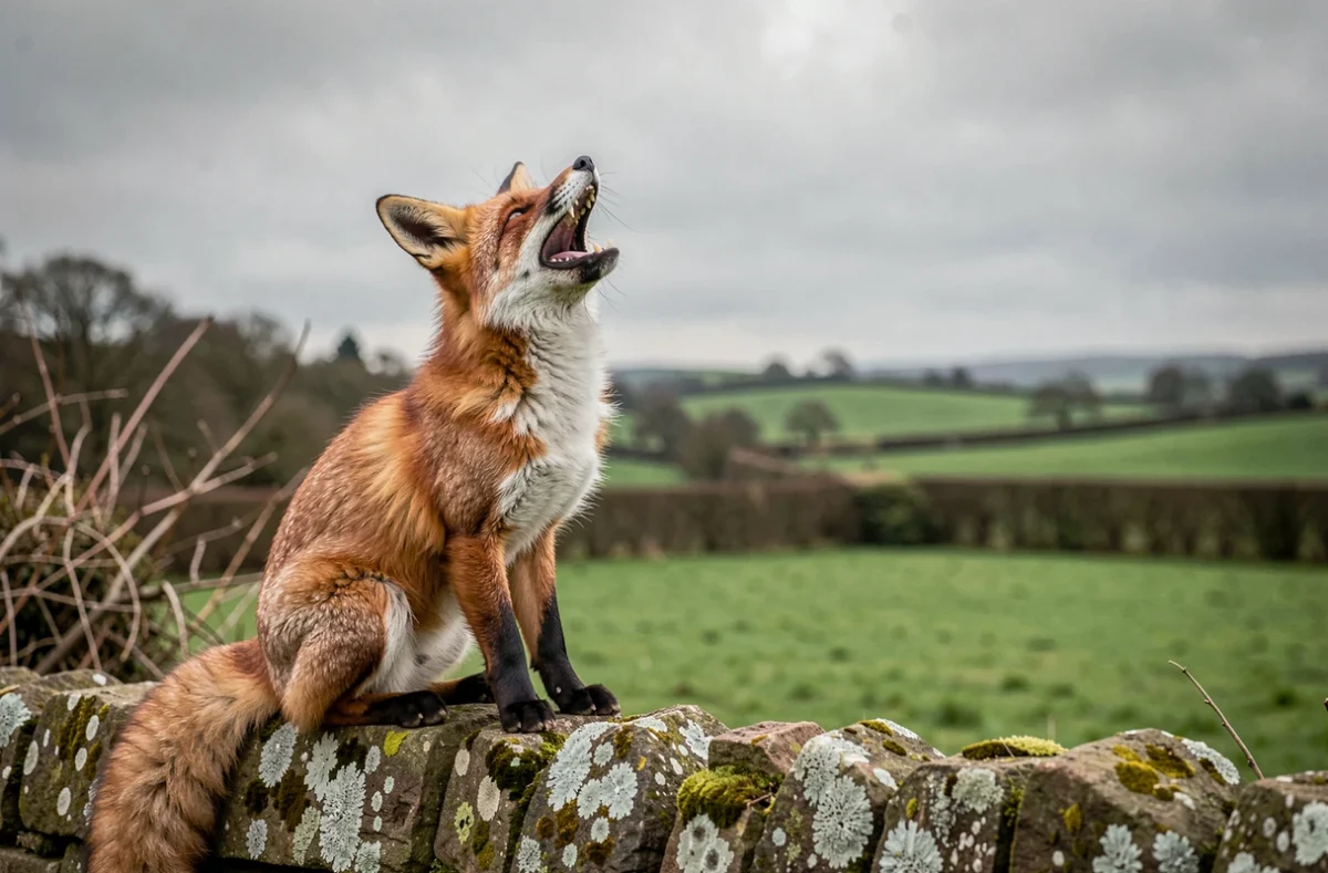Renard sauvage vocalisant sur un muret de pierre à la campagne, tête levée avec une expression rappelant un cri humain
