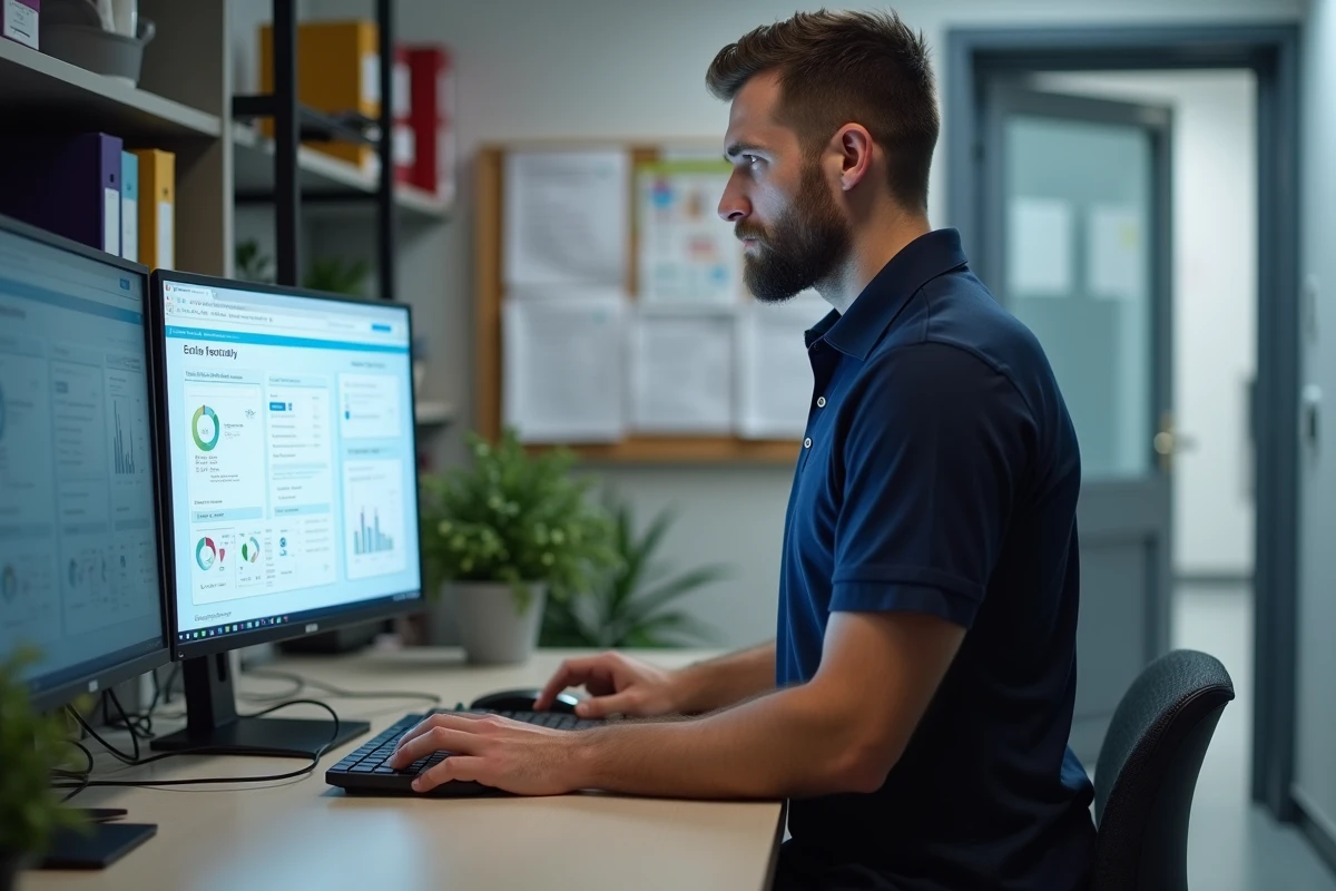 Responsable de clinique vétérinaire analysant des données de gestion sur logiciel spécialisé