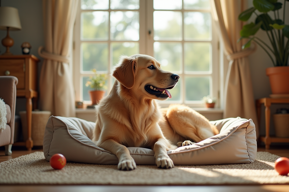 Golden retriever allongé dans son panier près de la fenêtre