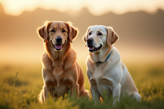 Deux retrievers assis dans un champ au matin