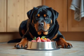 Rottweiler adulte assis devant son bol de nourriture rempli de viande crue et légumes dans une cuisine moderne
