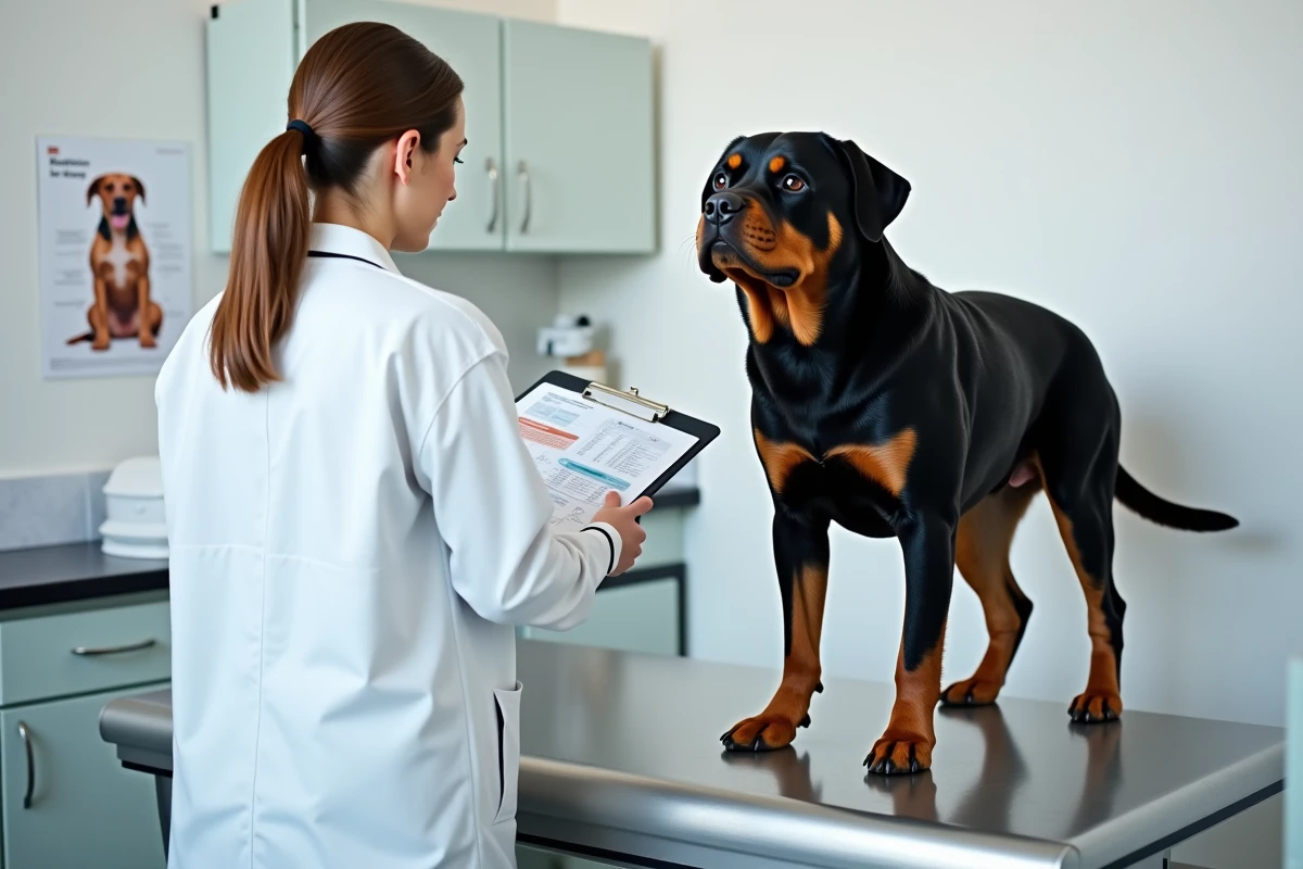 Vétérinaire examinant un Rottweiler en bonne santé lors d'une consultation nutritionnelle en clinique