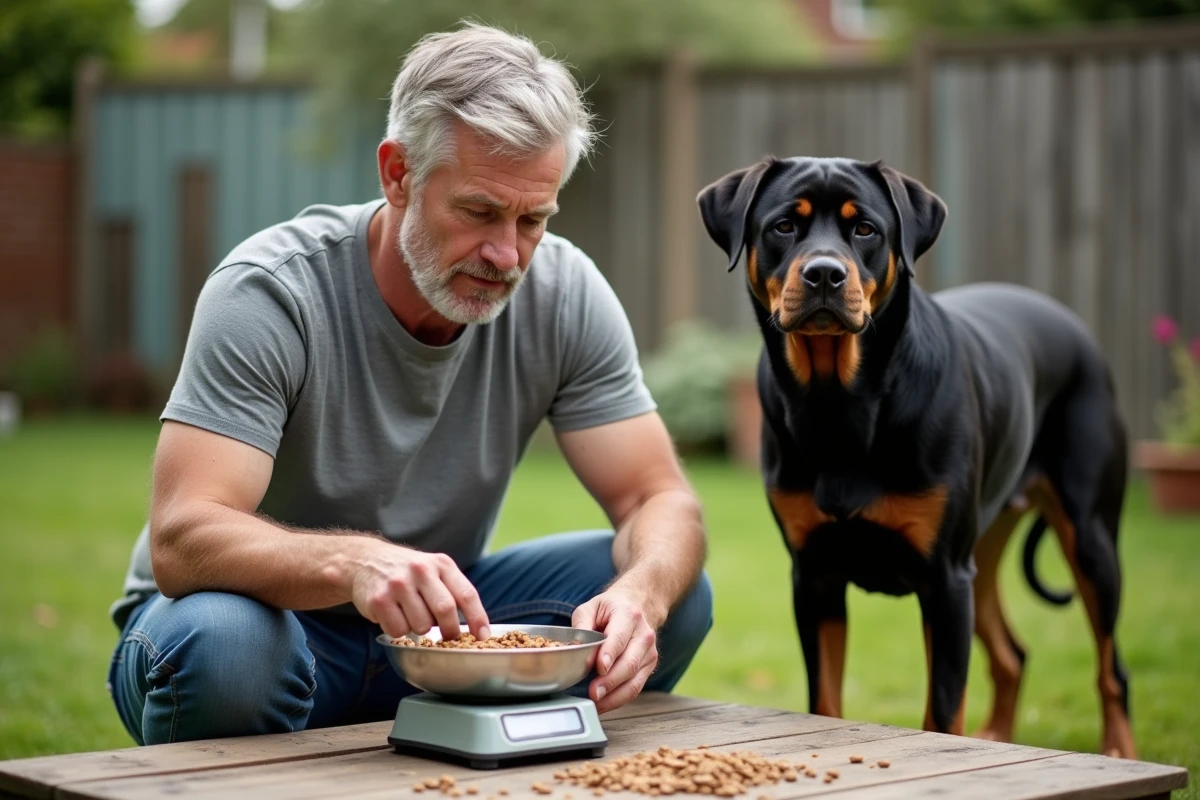 Propriétaire pesant la ration de croquettes pour son Rottweiler dans le jardin avec une balance de cuisine