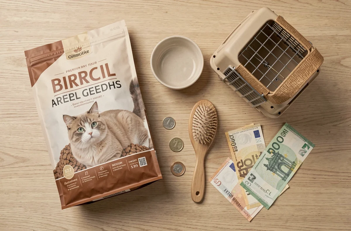 Flat-lay des accessoires essentiels pour un Sacré de Birmanie avec croquettes, gamelle, panier de transport et billets en euros, représentant le budget mensuel d'entretien du chat birman