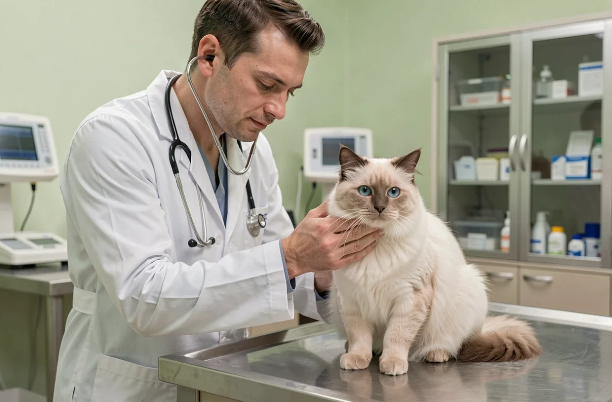Vétérinaire examinant un Sacré de Birmanie dans une clinique vétérinaire, illustrant les frais de santé et le coût de vie annuel d'un chat birman