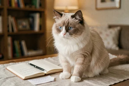 Sacré de Birmanie au pelage crème avec gants blancs assis près d'un carnet de notes ouvert sur une table en bois, évoquant le budget d'achat et d'entretien d'un chat birman