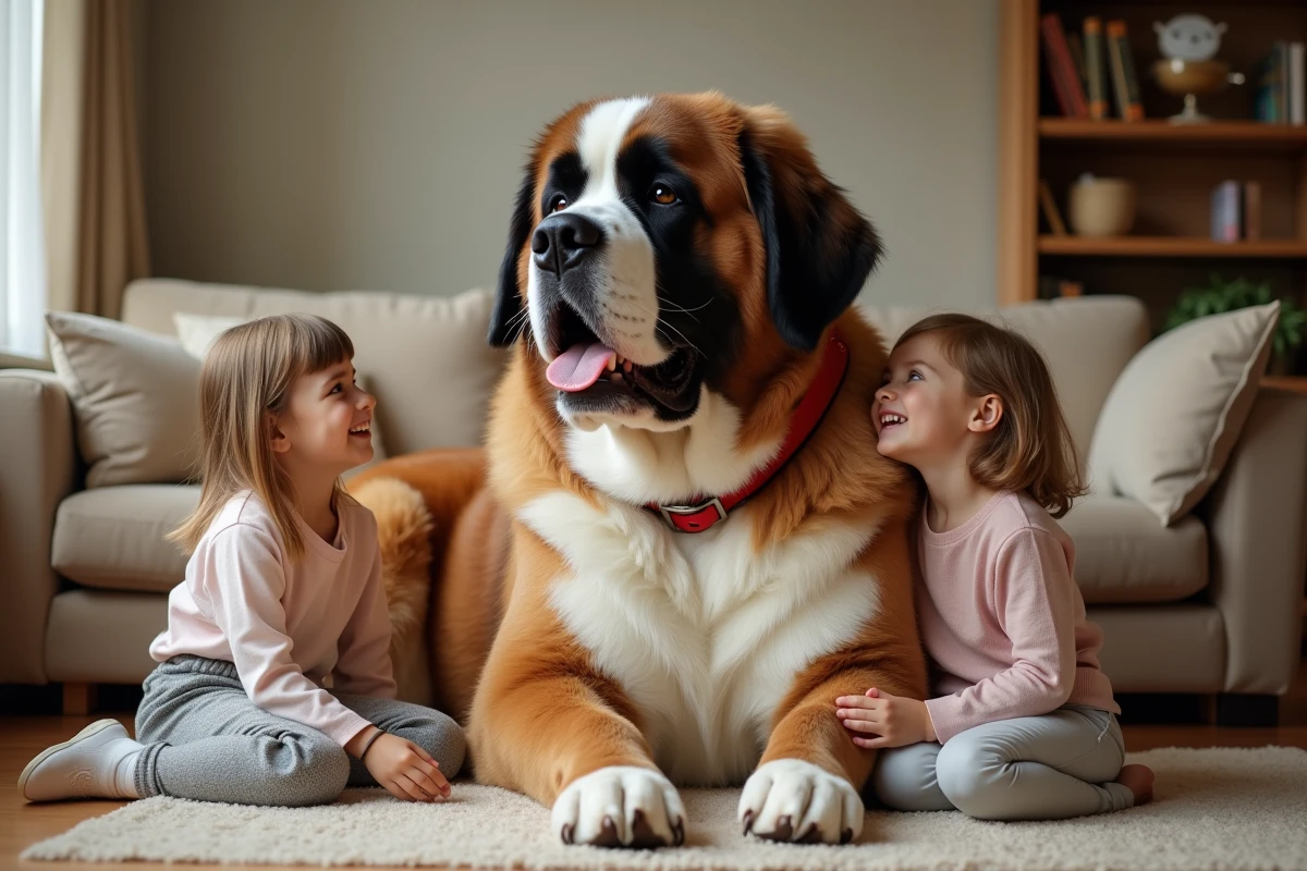 Un Saint-Bernard géant assis calmement entouré de deux fillettes dans un salon familial confortable