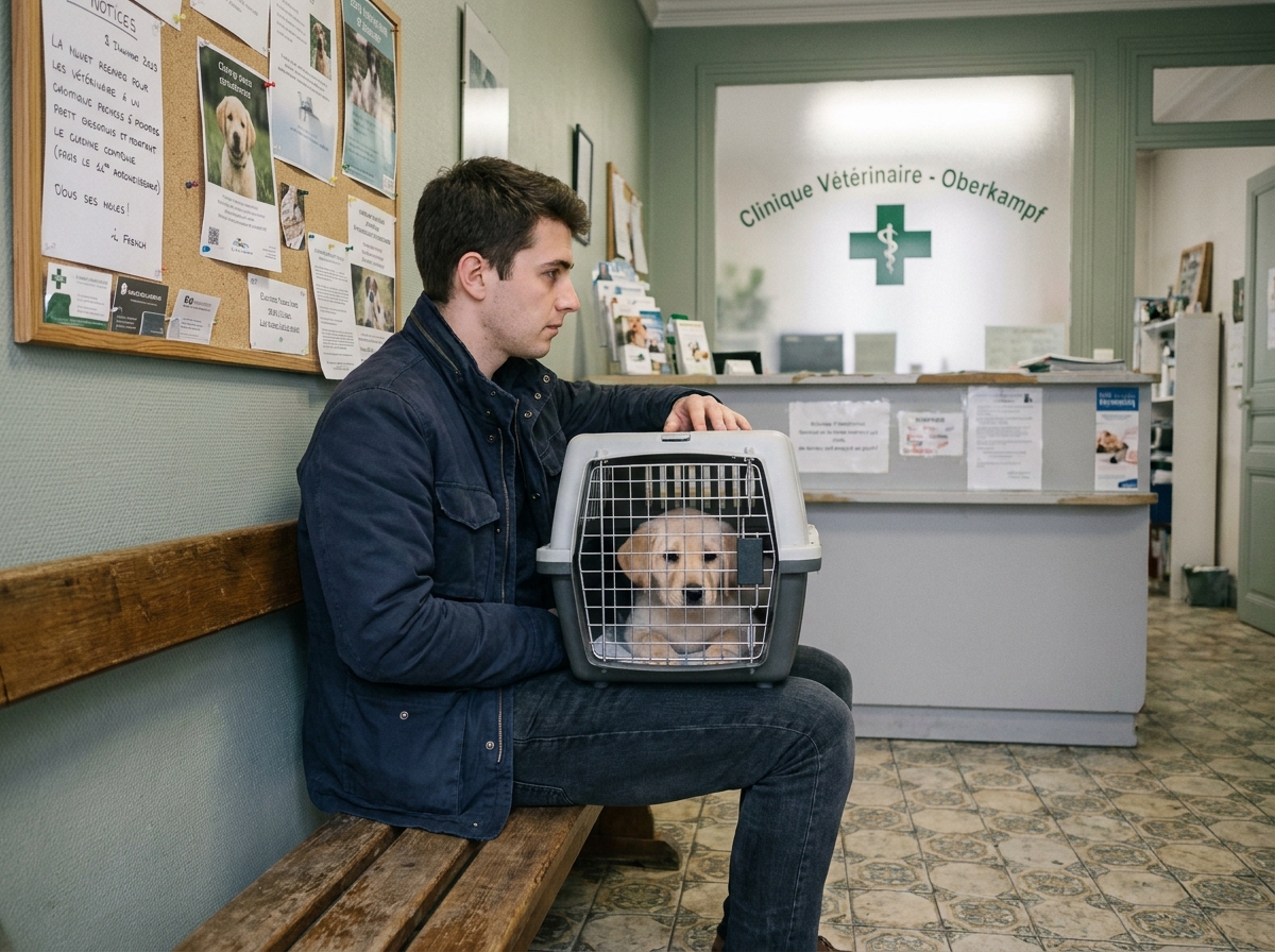 Propriétaire d'animal attendant en salle d'attente d'une clinique vétérinaire de quartier à Paris 11