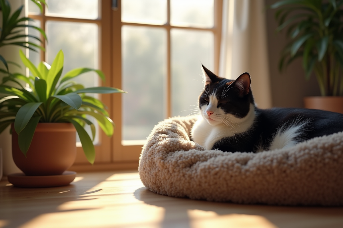 Salon moderne au matin avec chat noir et blanc dans un lit