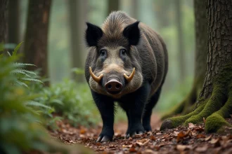 Sanglier massif en forêt européenne montrant sa taille imposante parmi les racines et feuilles mortes