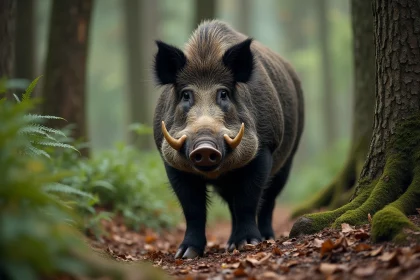 Sanglier massif en forêt européenne montrant sa taille imposante parmi les racines et feuilles mortes