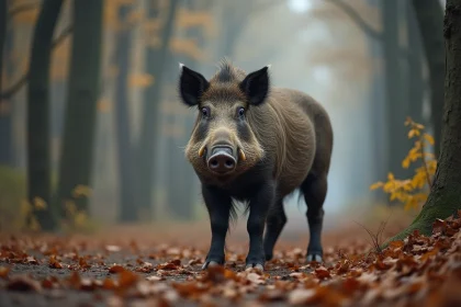Sanglier sauvage puissant en forêt automnale